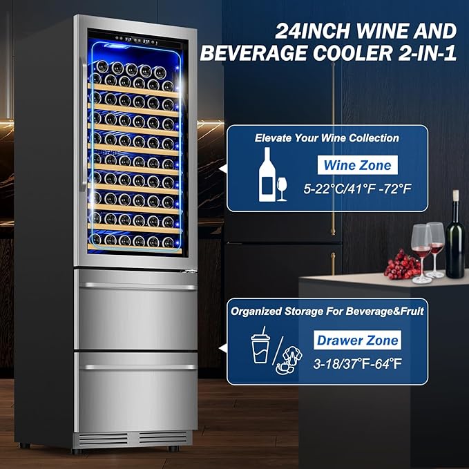 24 Inch Wide Wine and Beverage Refrigerator With Dual Drawer, 2 IN 1 Dual Zone Wine Cooler, Built-In or Freestanding Beverage Fridge, for Home Bar Kitchen, Hold Up To 107 Bottles and 149Cans