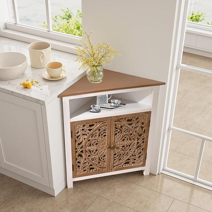 Boho Corner Cabinet, Narrow Organizer with Carved Floral Doors, Storage Cabinet with Adjustable Shelf and Open Storage, White & Natural Wood Finish for Living Room, Kitchen, or Bathroom