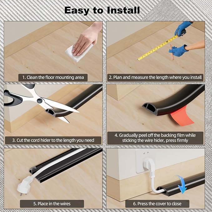 6FT Side-Open Extension Cord Covers for Wires on Floor,Silicone Power Cable Protector Cord Hider Management Strip,Hide Electric Wire on Carpet,Chord Runner Protective Safety Wiremold,Black