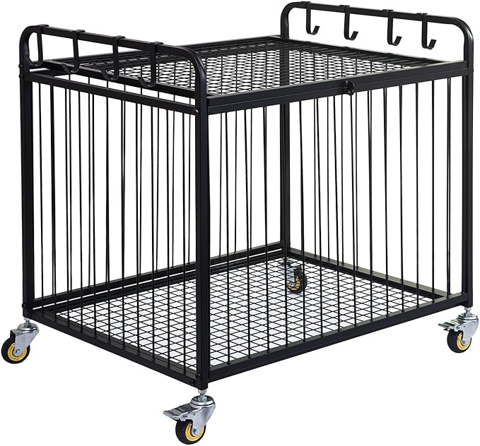 Matt Black Metal Rolling Cart Ball Gym Equipment Sports Gear Storage Portable Wheel Basket Lockable Cage Raised Handle Athletic Basketball Football Soccer Volleyball Racket School PE Class