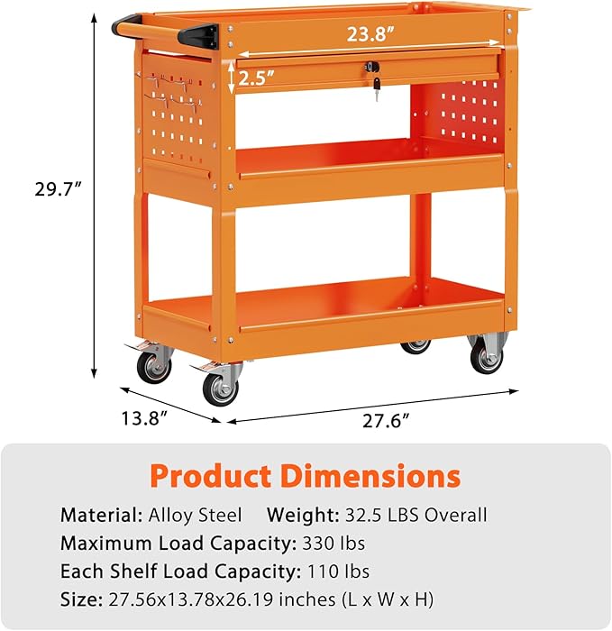 3 Tier Rolling Tool Cart with Drawers, Heavy Duty Utility Cart on Wheels, Large Storage Capability Service Cart for Garage, Warehouse and Repair Shop (Orange)