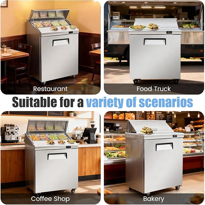 29" W Commercial Refrigerator Sandwich Salad Prep Table, Stainless Steel 1-Door Sandwich Prep Table Refrigerator, Counter Fan Cooling Refrigerator with 8 Pans for Restaurant, Bar