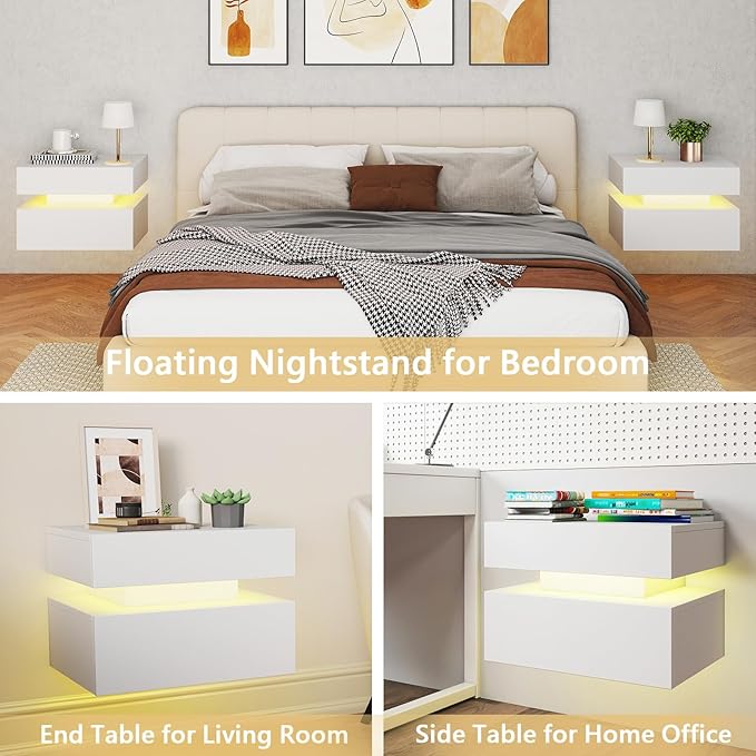 Floating Nightstand Set of 2,Modern Bedside Tables with LED Light for Bedroom,Small Night Stands with Drawers, Wall Mounted End SideTables Set for Living Room
