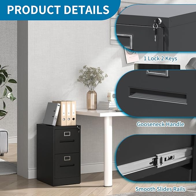 2 Drawer File Cabinets with Lock, Black Vertical Filing Cabinet for Home Office, Heavy Duty Metal Storage Cabinets Office Steel Cabinet for Letter Legal Size Files, Assembly Required
