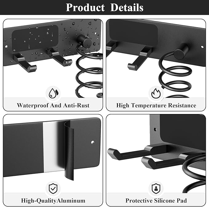 Tindbea Hair Dryer Holder + Curling Iron Holder,Blow Dryer Holder Wall Mount, Bathroom Hair Tool Organizer Rack for Universal Dryer Matte Black