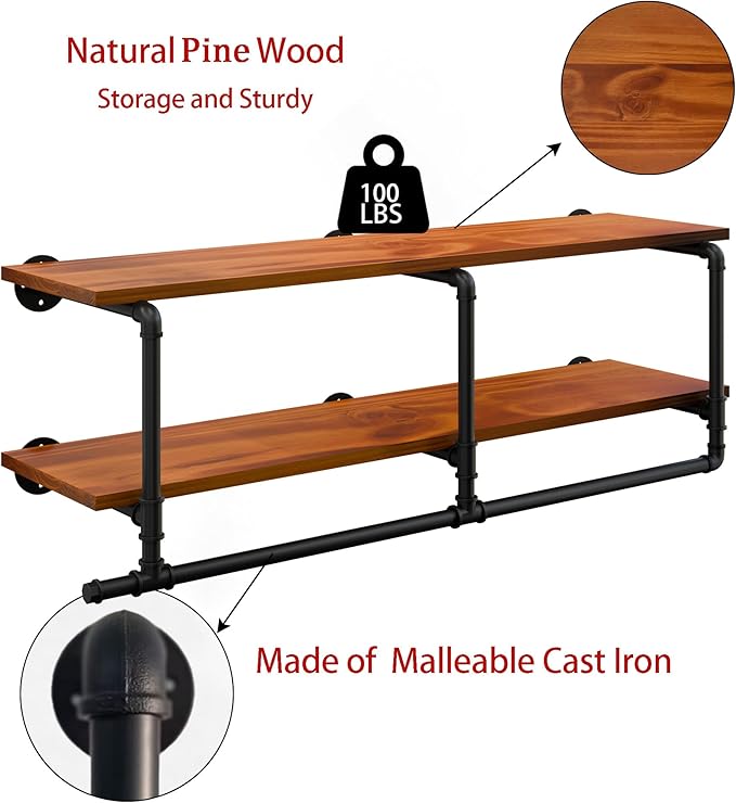 Wall Mounted Clothes Rack 12 Inch Deep, 48 Inch Heavy Duty Garment Rack with Real Brown Wood Shelf, Multi-Purpose Hanging Rod & Space-Saving Closet Storage Organizer