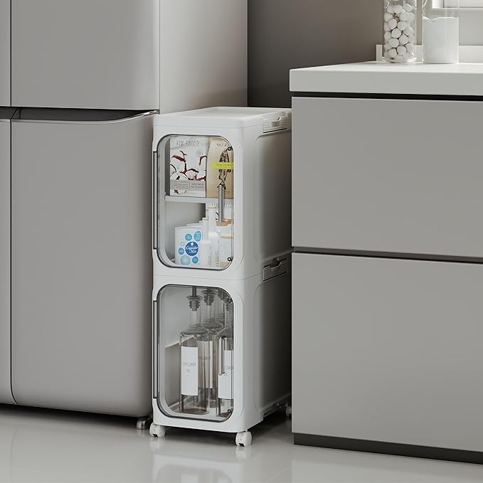 2-Tier Tall Narrow Storage Cabinet, Slim Bathroom Storage Cabinet with Adjustable Shelves and Wheels, Narrow Organizer for Small Space, Bathroom, Kitchen, Laundry