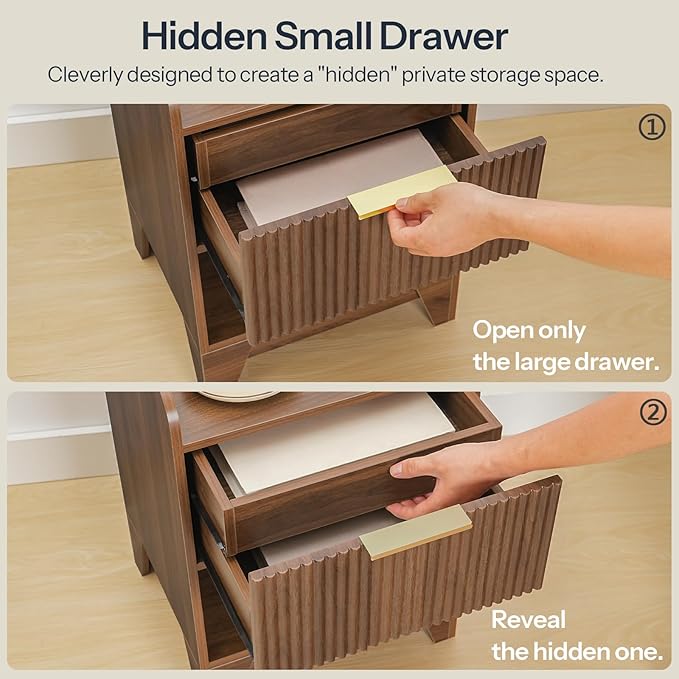 HOOBRO Fluted Nightstand with Charging Station, End Table with Hidden Drawer, Modern Bedside Table, Wooden Night Stand for Bedroom, Study, Dark Walnut WL351UBZ01