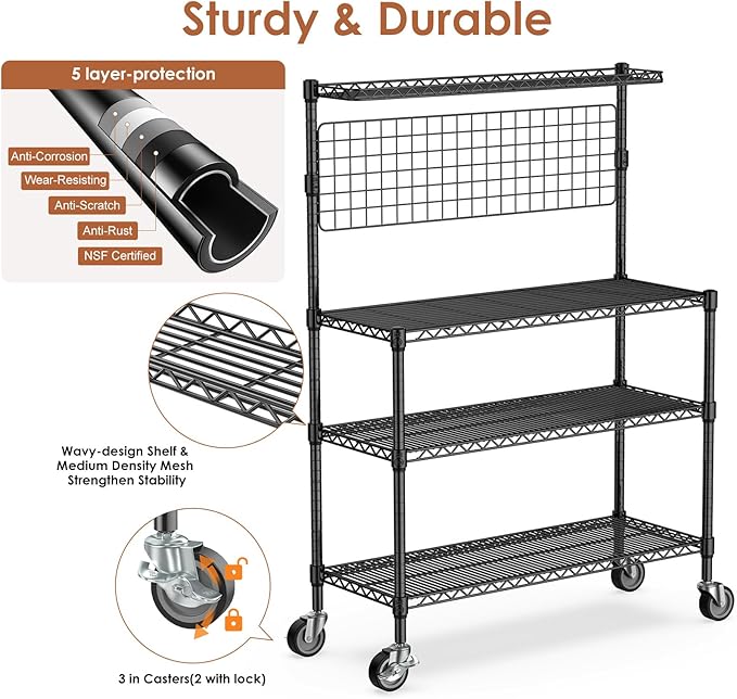 Leteuke Bakers Rack with Storage & Wheels, 42 Inch Microwave Stand Kitchen Shelves, 4-Tier Heavy Duty Storage Rack with 20 S-Hooks, Commercial Metal Utility Kitchen Cart, 42× 18× 63 Inch, Black