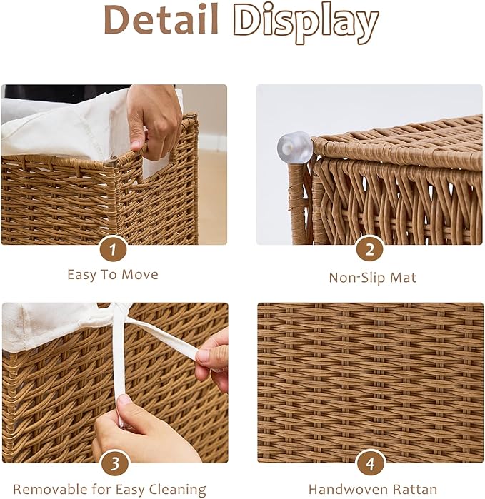 Slim Wicker Laundry Hamper, 55L Handwoven Rattan Basket with Handles, Narrow Laundry Basket with Removable Liner Bag & 2 Mesh Bags