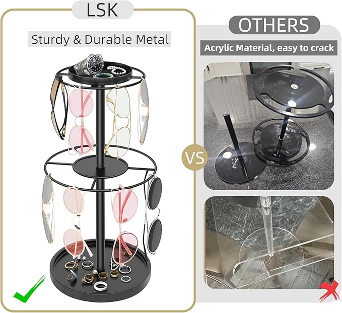 LSK 2 Tier Metal Sunglasses Organzier, Glasses Holder Stand with Storage Trays, Sunglasses Organizer Storage with Anti-Slip Pads for Tabletop, Desk, Dresser, Black