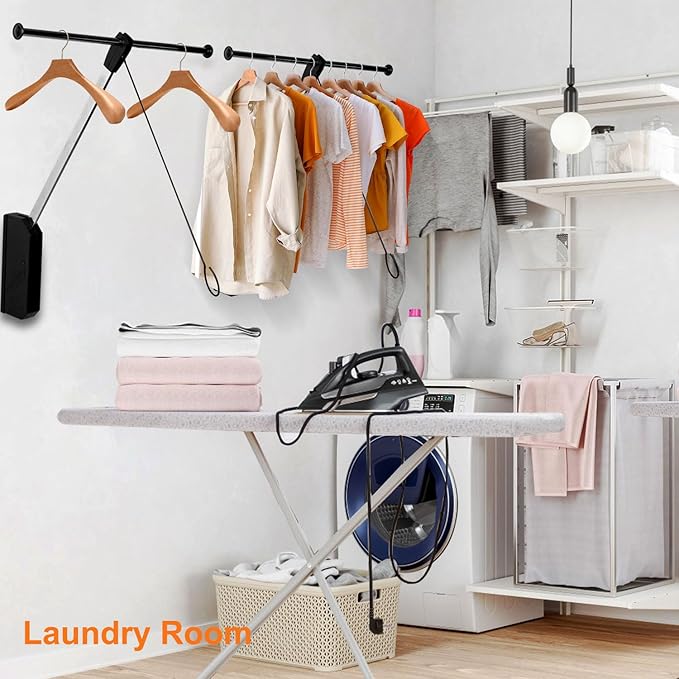 Pull Down Closet Rod, 26 Inch Soft-Close Buffering Clothing Organizer, Stainless Steel Back Mounted Closet Rod for Hanging Clothes Space-save in Tight Spots, Holds Up to 22lbs