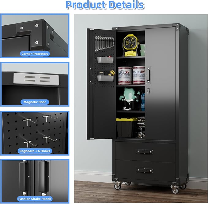 SUXXAN Rolling Storage Cabinet with 2 Doors and 2 Drawers, Heavy Duty Metal Storage Cabinet with Shelves, Locking Steel Cabinet for Warehouse, Home, Office (Black)