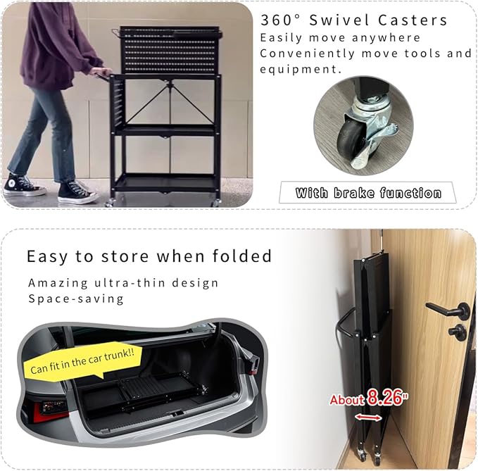 Lumizone Rolling Tool Cart with Wheels and Pegboard Hooks Folding Utility Service Cart for Garage Organizer Storage Foldable Power Tool Organization on Wheels Heavy Duty Frame (Tool Cart+Hooks)