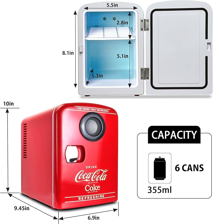 Koolatron Mini Fridge Bluetooth - Portable Small Cooler for Bedroom Office Makeup Compact Beverage Chiller for Drink Soda Wine Use In Car Dorm Patio 6 Can