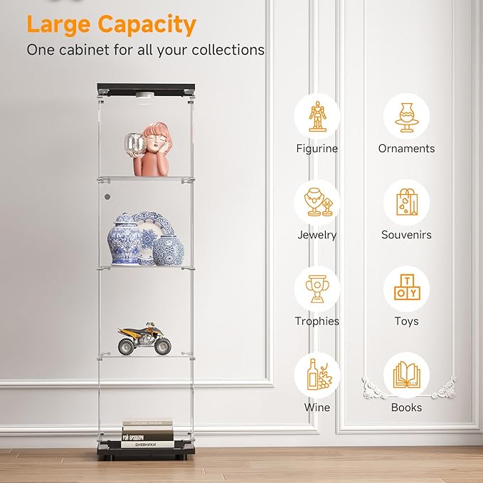 Tempered Glass Display Cabinet with Lights, 4-Tier Curio Cabinet with Glass Doors and Lock, Glass Display Case for Collectibles, for Living Room, Bedroom, Office, Black, Single Door