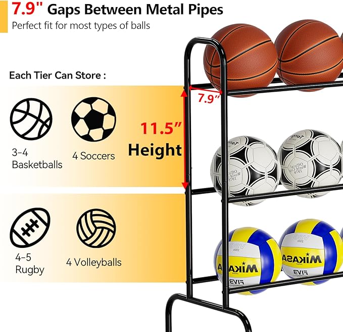 SUFAUY Sports Equipment Organizer, Garage Basketball Rack, Gear & Ball Storage Rack, Outdoor and Indoor Rolling Balls Cart with Wheels