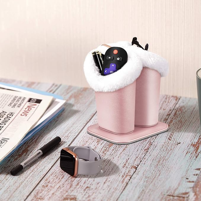 Fintie Plush Lined Double Eyeglasses Holder with Magnetic Base, Glasses Stand Case Organizer for Desk, Nightstand, Office, Rose Gold