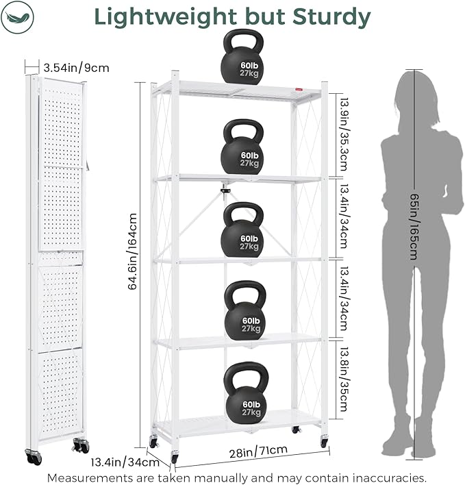 DEANIC 5 Tier Foldable Storage Shelves with Wheels, Large Capacity Shelving Unit, Freestanding Metal Wire Shelf Rack, No Assembly Organizer Rack for Garage Kitchen, Basement, Pantry(White)