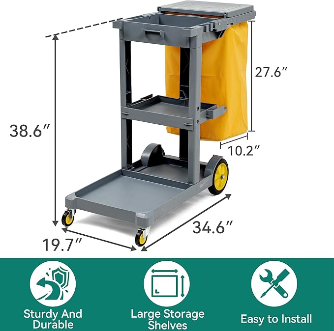 YITAHOME Janitorial Cart, Cleaning Carts on Wheels, 3-Shelf Commercial Traditional Plastic Housekeeping Cart, with 2 Yellow 25 Gallon Vinyl Bag and Pair of Rubber Gloves, Gray