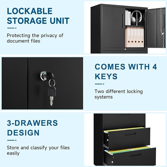 3-Drawer Metal File Cabinet, Lateral Vertical Filing Cabinets for Home Office, Locking File Cabinets with Storage Shelves, Legal/Letter/A4 Size Office File Cabinet (Black, Assemble Required)