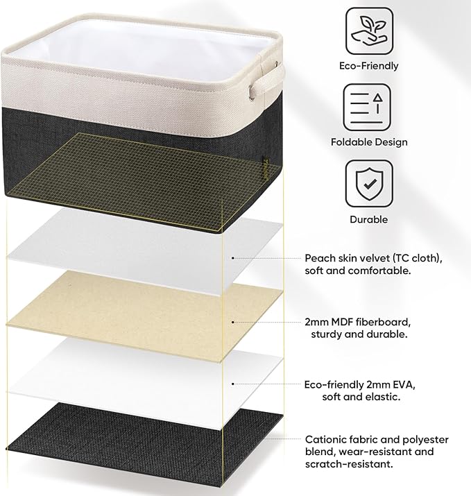 BALEINE 4 Pack Fabric Storage Bins for Shelves, Linen Storage Baskets for Organizing, Decorative Closet Bins for Clothes, Home (Black, 12"x8"x8")