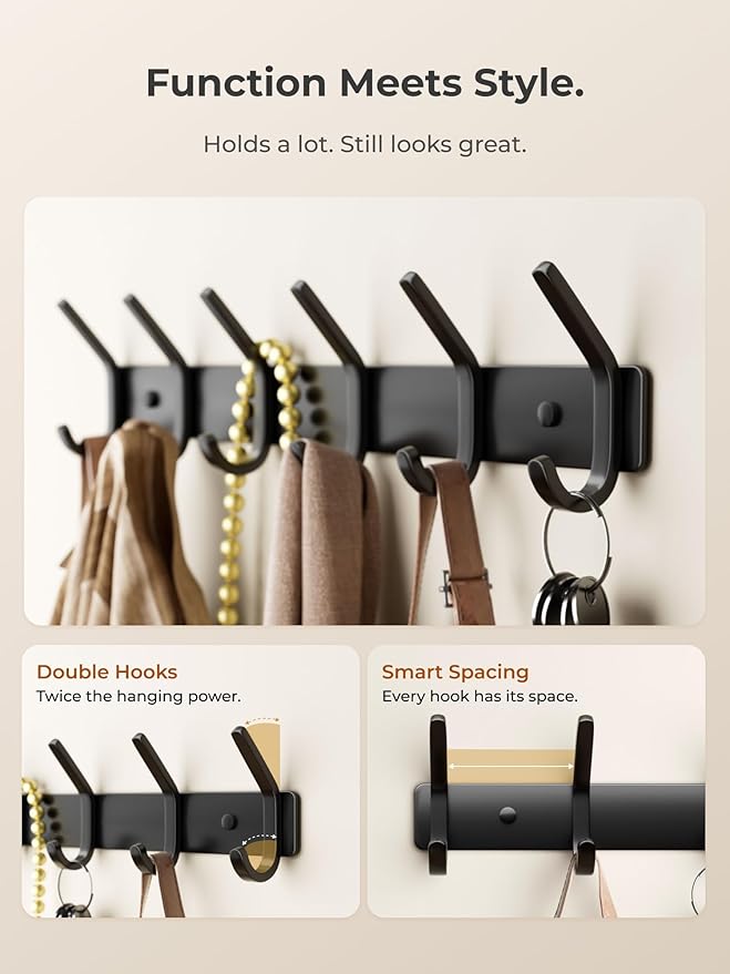 Coat Rack Wall Mount Hooks - 15 Inch Matte Black Metal 6-Hook Organizer Wall Mounted, Modern Kids Room, Entryway & Bathroom Hanger for Beach Towels, Coats, Purses, Bags (2 Pack)