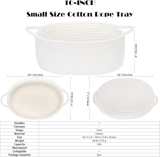 Sea Team 2-Pack Cotton Rope Baskets, 10 x 7 x 4 Inches Small Woven Storage Basket, Fabric Tray, Bowl, Oval Open Dish for Fruits, Jewelry, Keys, Sewing Kits (White)