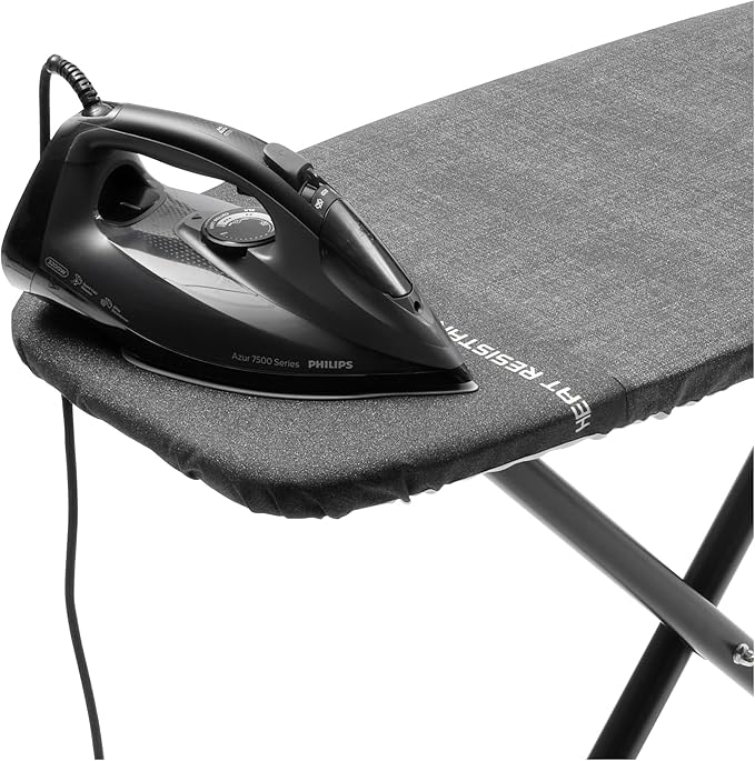 Brabantia Size D Ironing Board (53 x 18in) Heat Resistant Parking Zone, Black Frame, Non-Slip Feet, Suitable for Sit Down Ironing (Denim Black)