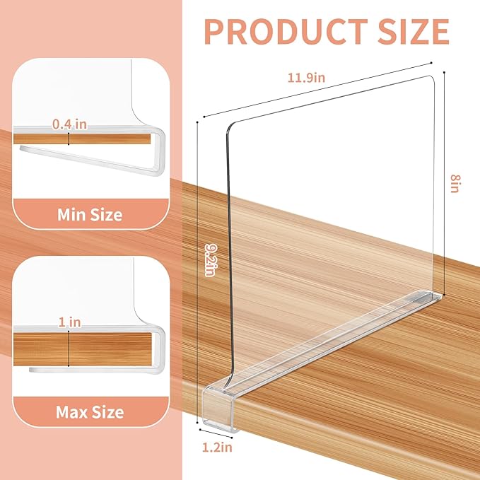 15 Pack Clear Shelf Dividers for Closets, Acrylic Dividers for Shelves, Closet Shelf Divider for Organization,Organizers & Separators for Shelf Storage, Home Closets, Cabinets