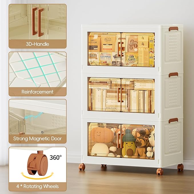JEKO&JEKO 324 Qt Extra Large Plastic Storage Cabinets with Lids, Front Doors & Wheels, 3-Pack Stackable Collapsible Storage Bins for Bedroom, Home & Closet Organization, Cream