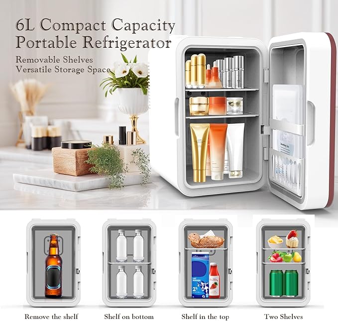 Mini Fridge for Bedroom, 6L/10 Can Skincare Fridge with Dimmable LED Light Mirror for Dorm & Office, Portable Cooler & Warmer Small Compact Refrigerator for Skincare, Makeup and Cosmetics, White