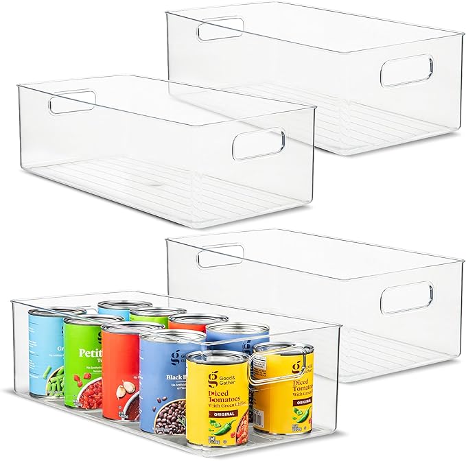 primebox Plastic Food Storage 4 Pack Clear Container Bin with Handles for Organizing Kitchen, Pantry, Refrigerator, Freezer, Pantry, Cabinet, Closet, Bathroom. 14”x8”x5”