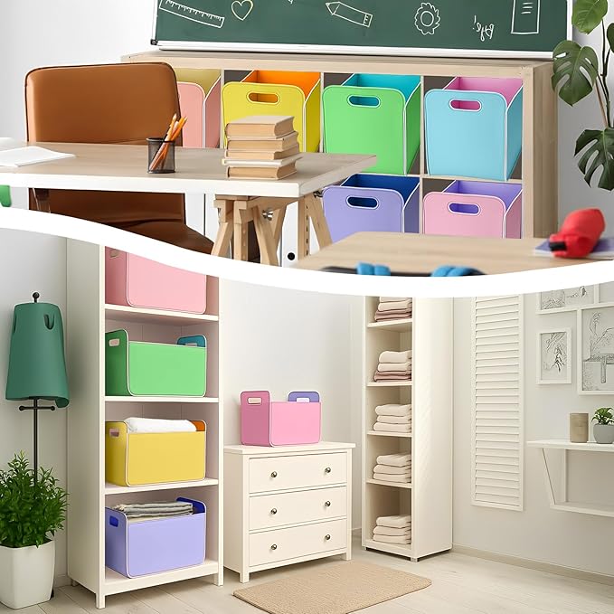 6 Pcs 14x10 Inch Colorful Felt Rectangular Storage Bins Collapsible Storage Basket with Handle for Shelves Closet Bedroom Office Clothes Book Holiday Christmas Stuff Organizer(Macaron)