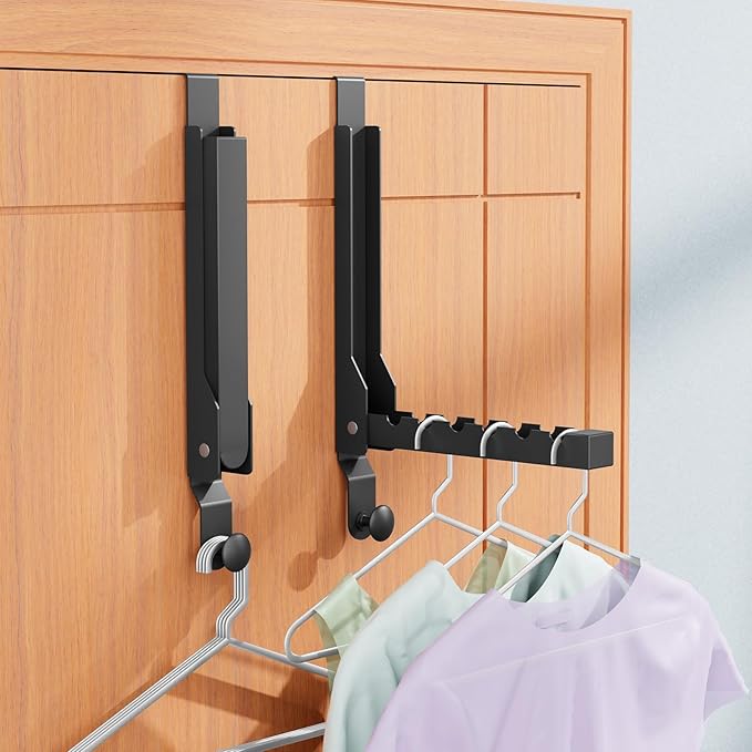 BAKON Over The Door Hanger Folding Clothes Drying Rack, Folding Hanging Coat Rack for Indoor Laundry Room Compact Small Space Foldable Portable Clothing Hanger Hook Collapsible (Black-4(Upgraded))