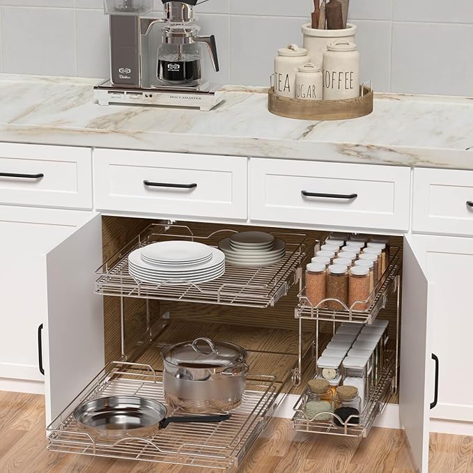 OCG 2 Tier Pull Out Cabinet Organizer (18.5" W x 18" D), Pull Out Drawers for Kitchen Cabinets, Pull Out Shelves for Base Cabinet Organization in Kitchen Bathroom Pantry, Chrome Finish