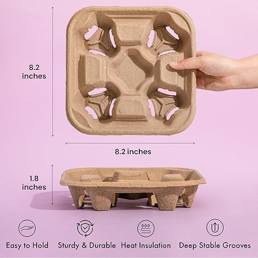 FMP Brands 4 Cup Disposable Drink Carrier Trays, 80 Pack Compostable Pulp Fiber Cup Holder for 8-32 oz Cup, Durable to Go Coffee Cup Holders for Delivery Service, Uber Eats