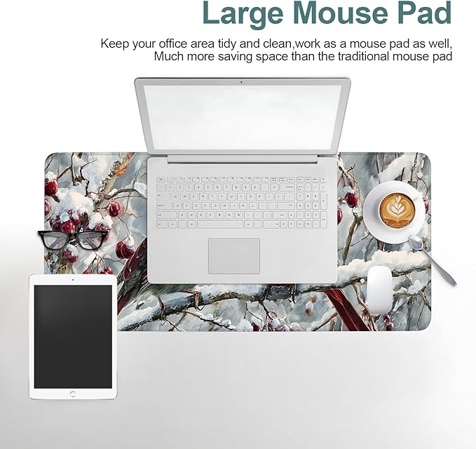 Winter Cardinal Bird Gaming Mouse Pad 31.5"x11.8"Desk Mat Anti-Slip Rubber Base & Durable Stitched Edges for Gamers Smooth Mouse Writing Surface for Desk Office/Home