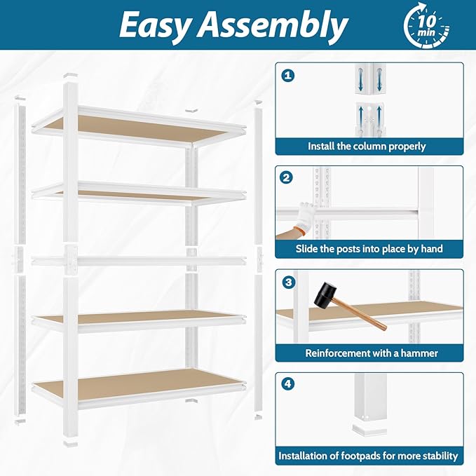 PrimeZone 36" W x 16" D x 72" H Closet Storage Shelves - 5 Tier White Metal Connector Shelving, Adjustable Heavy Duty Garage Shelves, Utility Rack Organizer Shelf for Kitchen Pantry Closet Garage