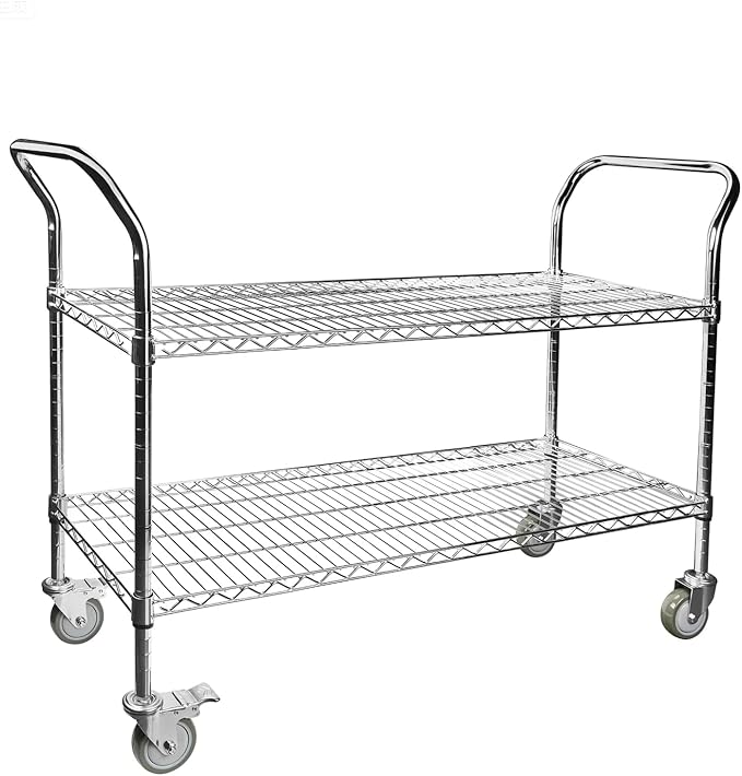 Northsky 2-Shelf Wire Utility Cart on Wheels, Chrome Finish Rolling Metal Shelving with Wheels, 550lb Capacity, 47" x 18" x 38" 47 in x 17.5 in x 38 in, 2 Tier Rolling Cart for Kitchen Bar Storage Use