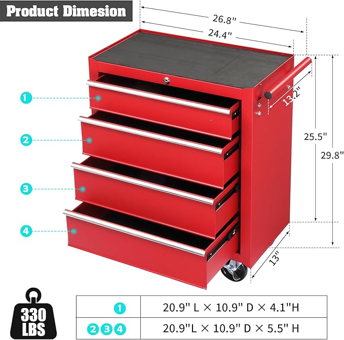 Metal Rolling Tool Box Organizer | Lockable Tool Chest with Wheels | Toolbox with 4 Sliding Drawers | Tool Storage Box Organizer for Garage Home Workshop & Tool Room | Red