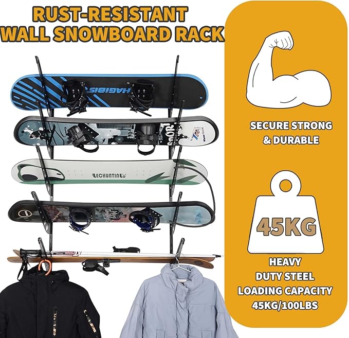 Snowboard Wall Racks, Adjustable Storage Rack for Ski, Surfboard, Wakeboard, Snowboard Wall Mount Display, White/Black