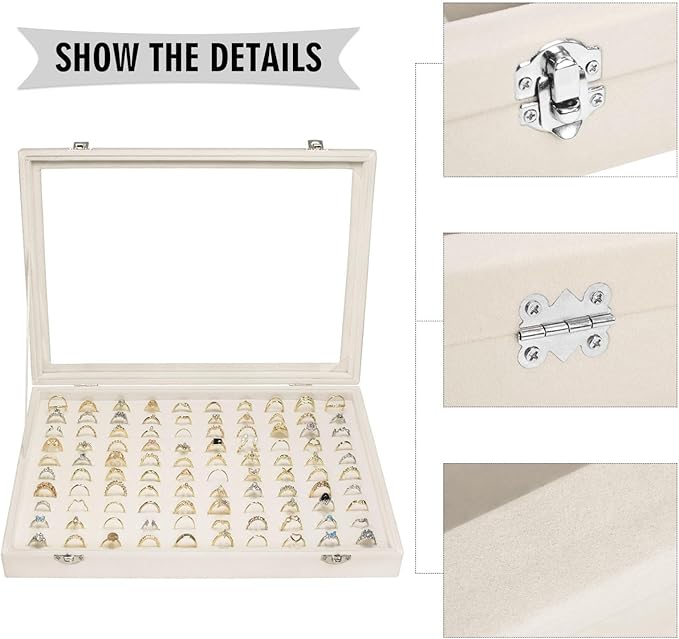 Velvet Ring Display Tray Organizer Box with Transparent Lid, 100 Slot Ring Holder Showcase For Store Display Jewelry Show Home, Ring Organizer For Rings Earrings (Beige)