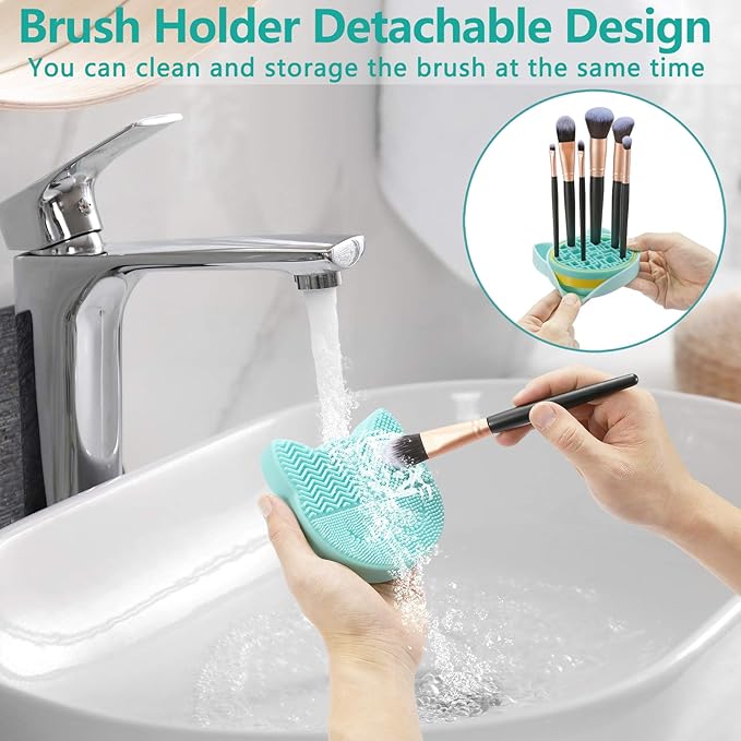 TailaiMei 2 in 1 Makeup Brush Cleaning Mat With Drying Holder, Silicon Cat Shaped Cleaner Pad, Cosmetic Organizer Rack, Portable Washing Tool for Makeup (Green)