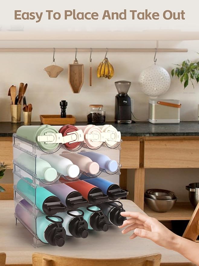 Water Bottle Organizer - 4 Pack Clear Stackable Bottle Storage Rack and Wine Rack for Stanley Yeti Bottle and Other Tumbler Organizer for Kitchen Cabinets, 4 Tier Hold 16