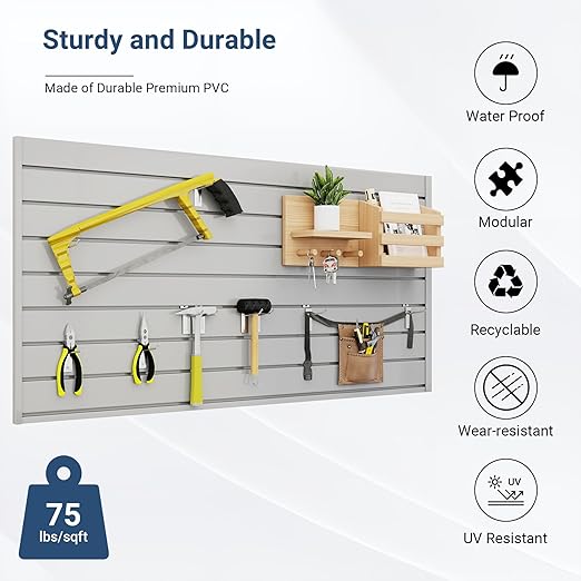 Slatwall Panel 4 FT x 2 FT, Interlocking Slat Wall Paneling, Wall Mounted PVC Slat Wall Panels, Suitable for Garage Storage, Slatwall Board, Shelves - Grey
