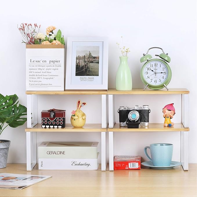 NEX Bamboo Kitchen Cabinet and Counter Shelf Organizer, Stackable & Expandable, Set of 4, White and Natural