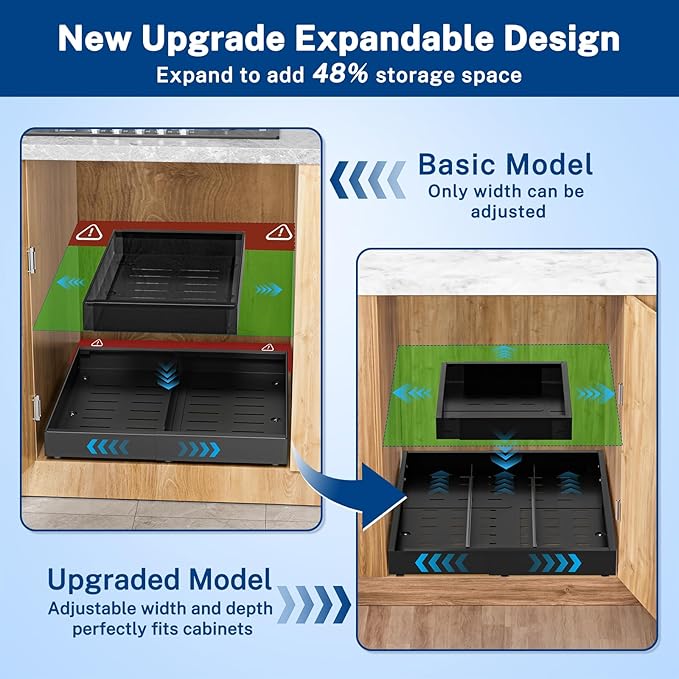 Insputer Pull Out Cabinet Organizer Expandable (12.4"-20.08")W & (16.26"-22.44")D, Slide Out Drawers for Kitchen, Pantry with 2Pcs Magnetic Panel, 3 Slide Rail, No Drill Adhesive Roll Out Shelf Black