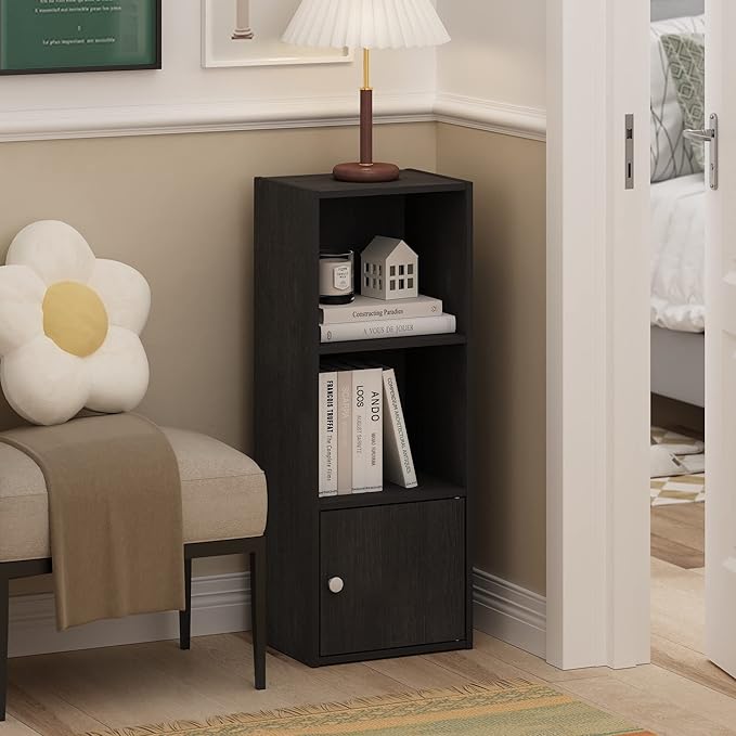 Furinno LUDER Book Shelf, 3-Tier Modern Bookshelf, Bookcase with 1 Door Storage Cabinet, 9.3 x 12 x 31.5, for Living Room, Bedroom, Home Office, Blackwood