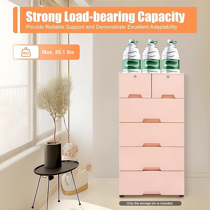 5-Layers Plastic Dresser with 6 Drawers Movable Chest of Drawers Locked Storage Cabinet Craft Organizers and Storage for Bedroom Entryway Hallyway, 19.7’’ W*13.8’’ D*40’’ H (Pink)